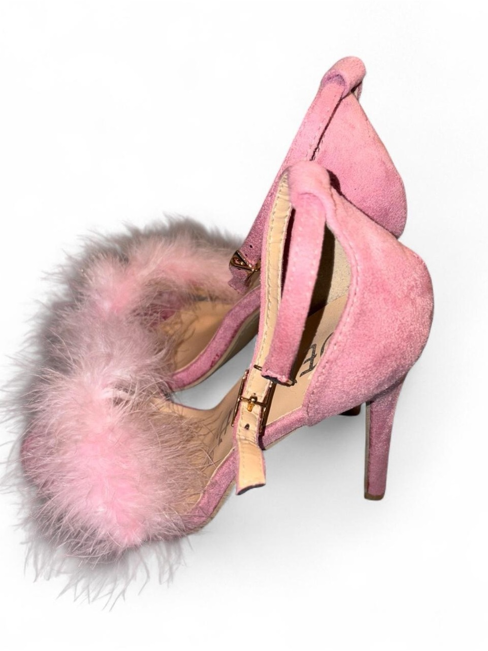 Pink Feather-Trim Ankle-Strap Heels - Picture 4 of 7